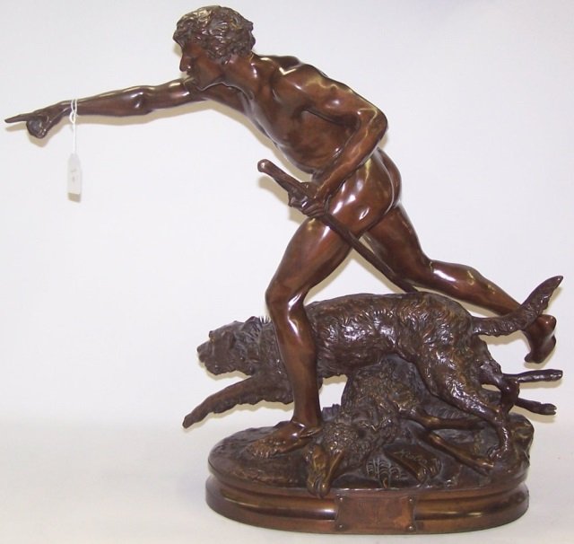 MIOLIN: "Au Loup!!", bronze sculpture, signed and has title plate on front, foundry mark on back reading "Bronze garanti au titre Paris", approximate height 21 7/8".