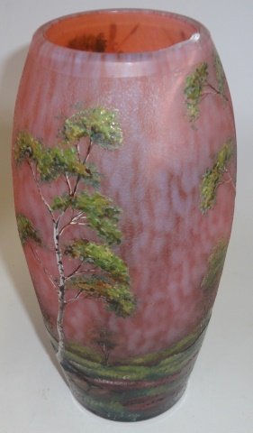 *LAMARTINE CAMEO AND ENAMELED VASE: Having landscape with pond decoration, with engraved signature on bottom rim, numbered on bottom 327/650, approximate height 8 7/8".
