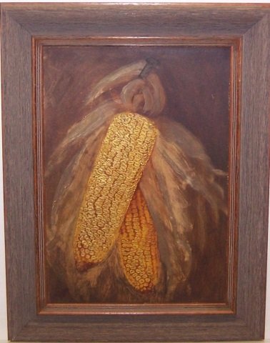 *MONTGOMERY, ALFRED: (1857-1922 American) Still life with corn, framed oil on artist board, signed "A. Montgomery" lower left, along with possibly another word beneath worn off, approximate image size 12 1/4" x 8 3/4", fr
