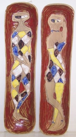 *2 RAYMOR CERAMIC DISHES: Decorated with figures, both signed on back "Raymor, Italy" and have Raymor stickers, approximate length 15".