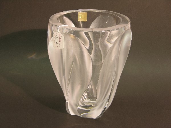 LALIQUE ART GLASS VASE: ''Ingrid'' pattern, in clear and frosted glass, signed Lalique France in script, also has paper label Made in France, height 11''.
