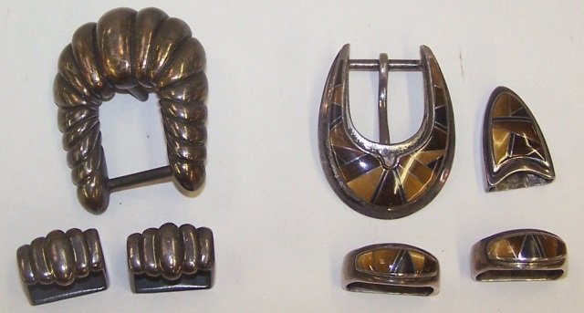 *2 SETS OF STERLING SILVER BELT BUCKLES: 1 set with tiger's eye and jet, marked "BGM", 1 marked "JB S.Fe".