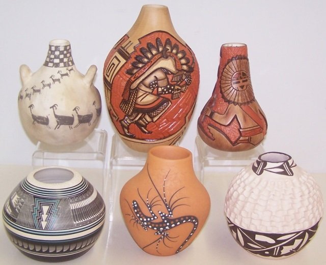 *6 PIECES OF SOUTHWEST POTTERY: Contemporary, artists Marty and Elvira Nampeyo, Delmar Nampeyo, Norma Jean, Doreen Lansing, M. Kanteena and Deldrick & Lorenda Cellicion, approximate height of tallest 8".