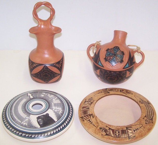 *4 PIECES OF SOUTHWEST POTTERY: Lizard pot by Nona Naha, flat seed pot decorated with bears and arrows, signed on bottom "Doreen Langing", and 2 Acoma pots, approximate height of tallest 10".