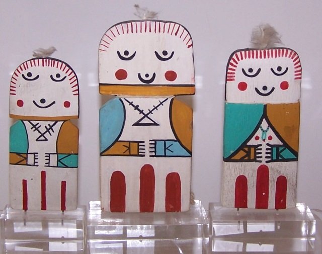 *3 MID-CENTURY CRADLE DOLLS: 3 "Hahay'iwuuti, Mother of Kachinas", all flat, 1 height 5 5/8", width 2 3/4", 1 height 5", width 2 1/4", and 1 height 4 5/8", width 2" (all mounted).