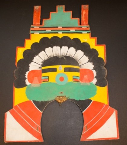 *HOPI TABLITA: Yellow faced kachina on front and Supai Maid kachina on back, painted on canvas board, approximate height 18", width 14".
