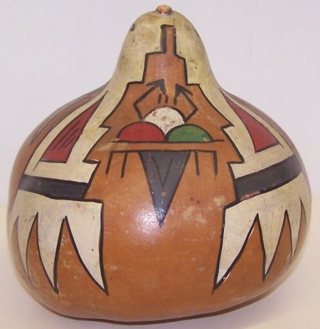 *JEMEZ POLYCHROME PAINTED GOURD: With multicolored decoration, storm clouds, approximate height 7 1/2", width 7".