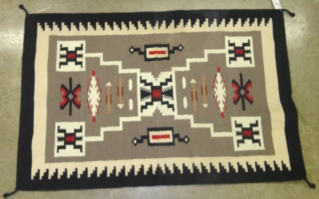 *NAVAJO RUG/WEAVING: "Storm" pattern, with gray ground, in colors of red, white, black and brown, approximately 72" x 48".