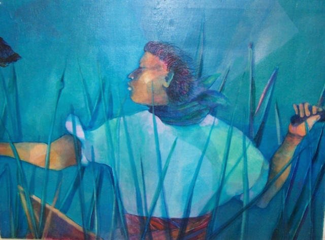 PRECHTEL, MARTIN: "Aj Q'bot-Waterfowl Hunter", unframed acrylic on canvas, signed lower right, with info labels on back, approximate size 29 1/2 x 39 1/2".