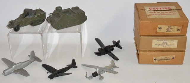 *9 MILITARY RECOGNITION SPOTTER MODELS: Armoured half-track, T 32 M7 with105mm Howitzer, Grumman J2F-4 British Firefly, A31/A35, British Lysander, German H.S.-120 and British Fairey Swordfish, includes boxes for Japan Type 1 Oscar, "Frank" 