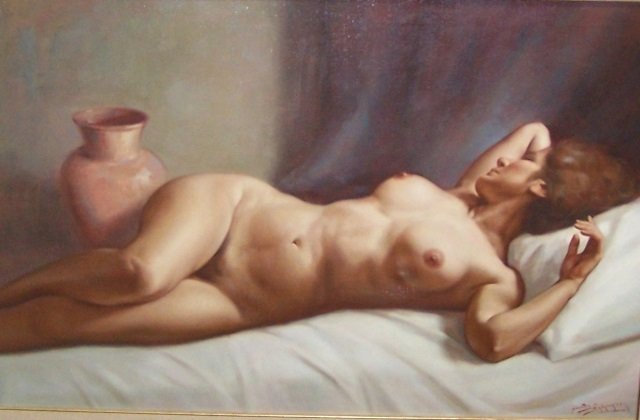 *FUENTES DE SALAMANCA, JOSE: (20th C. Mexican) Reclining nude, framed oil on canvas, signed lower right, approximate image size 24" x 36", frame 35" x 47".