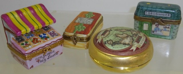 *4 PIECES: 3 porcelain trinket boxes, vendor's stand, wine box, shoemaker shop, and a Halcyon Days paperweight with world map.