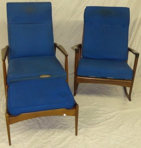3 PIECES OF DANISH SELIG: Armchair, approximate height 38", width 28", depth 31", rocker and ottoman (both with tag under seat cushion), all having blue upholstery.