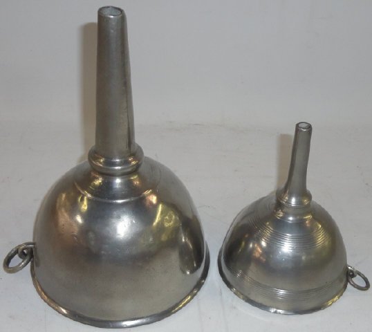 *2 19TH C. ENGLISH PEWTER WINE FUNNELS: Having ring handles, approximate height 6" and 9".
