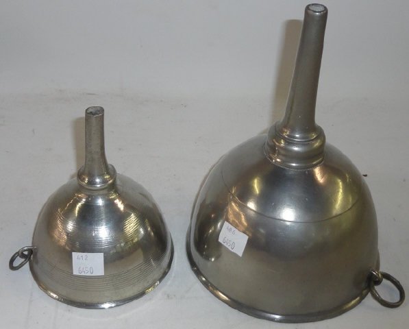 *2 19TH C. ENGLISH PEWTER WINE FUNNELS: Having ring handles, approximate height 5 1/2" and 8 1/2".