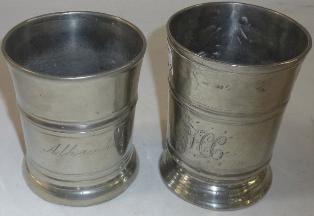 *2 19TH C. ENGLISH PEWTER BEAKERS: Half pint, approximate height 4 5/8" and 4 1/8".