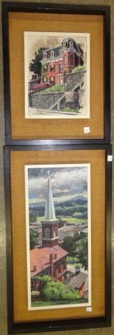 *COOMER, MARK: (1914-2004 American) 2 framed oil and tempuras on board, house and church, both signed lower left, approximate image size of largest 21" x 9", largest frames 28" x 16".