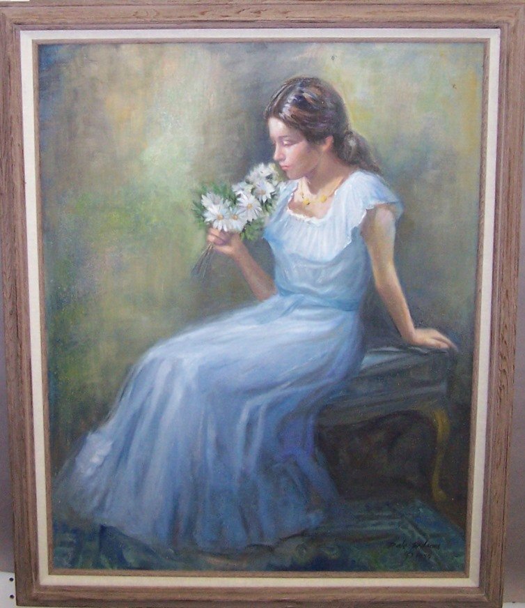 *WILSON, DALE: (20th C. American) Portrait of woman with flowers, framed oil on canvas, signed and dated 1979 lower right, approximate image size 28" x 22", frame 32" x 26".