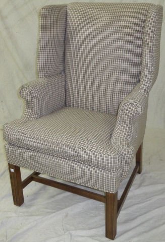 *GEORGIAN STYLE WINGBACK ARMCHAIR: Having brown print upholstery.