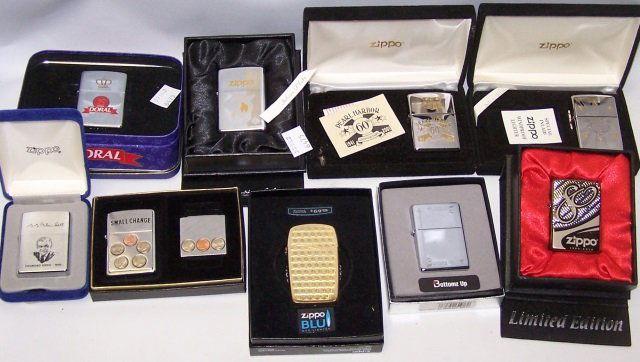 *9 ZIPPO LIGHTERS: 20th anniversary Doral, Founder Zippo 1932, Pearl Harbor 60th anniversary, etc., all with seals.