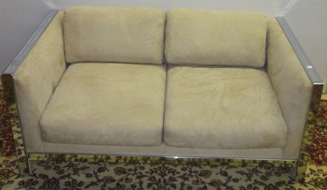 *PAIR OF MID-CENTURY MODERN STYLE SETTEES: Having gray suede upholstery and chrome frame, approximate height 25", width 60 1/2", depth 34".