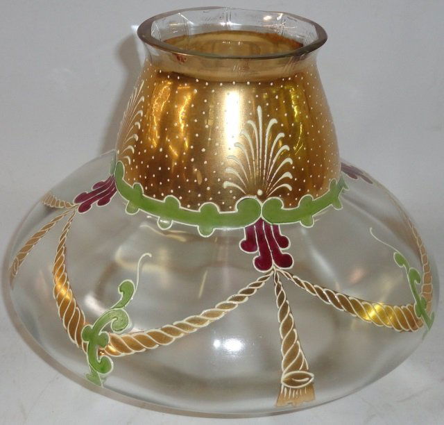 ART GLASS VASE: With gilt, green and burgundy decoration, possibly Loetz, approximate height 6 3/4".