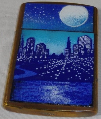 ENAMELED CARD CASE: Depicting cityscape under moon.