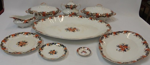 *9 PIECES OF JOHN MADDOCK & SONS DINNERWARE: "Majestic" pattern, 2 oval trays, sauceboat, covered sugar, saucer, luncheon plate, butter pat and 2 covered vegetables.