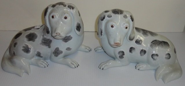 *PAIR OF MOTTAHEDEH PORCELAIN FIGURES: Reclining spaniels, approximate height 6 1/2".