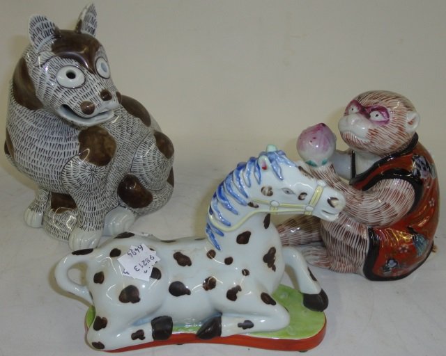 *3 MOTTAHEDEH PORCELAIN FIGURES: Seated cat, recumbent horse and monkey.