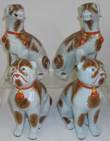 *2 PAIR OF MOTTAHEDEH PORCELAIN FIGURES: Pair of dogs and pair of cats.