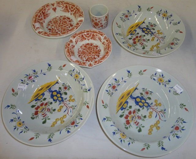 *6 PIECES OF DELFT POTTERY: 3 bowls, approximate diameter 9", 2 ash receivers, diameter 5 3/4" and 7", and cigarette holder, height 2 1/4".