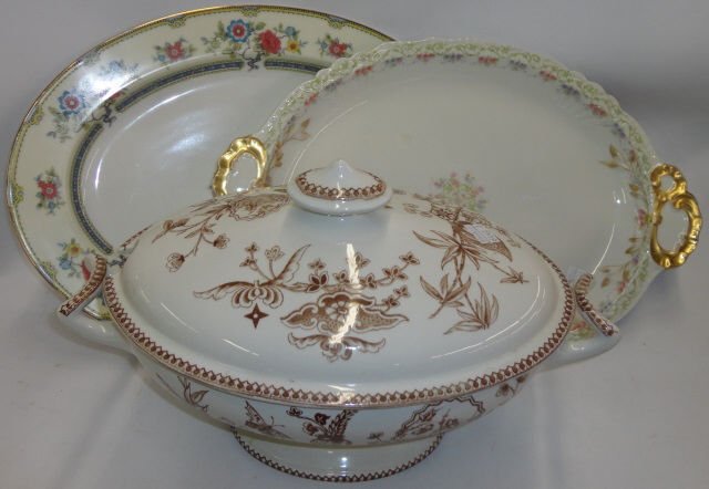 3 PIECES: Limoges oval tray, approximate width 16 1/2", Noritake oval tray, width 16", and Thomas Elsmore & Son covered tureen, width 14".