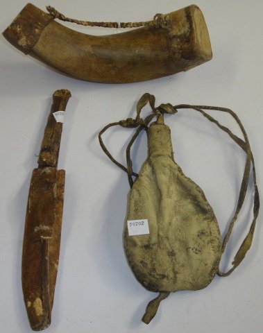 *3 SOUTHWEST ITEMS: Early mountain sheep horn container, early knife with rawhide sheath, approximate length 11 1/2", and leather pouch.