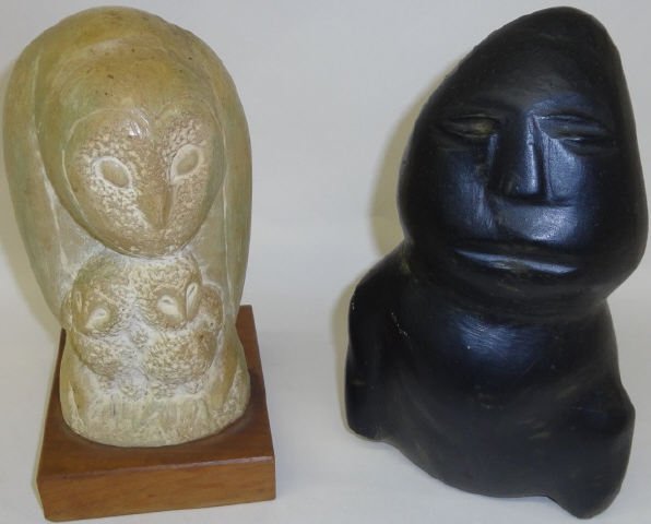 *2 CARVED SOAPSTONE FIGURES: Owl with owlets, signed on side "Schuller", and carved figure.