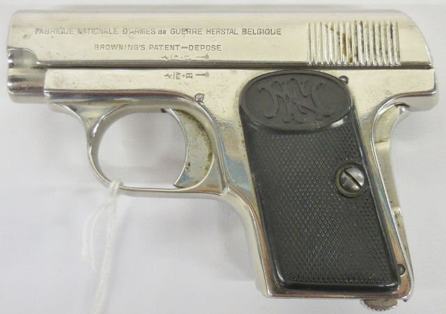 *FABRIQUE NATIONALE VEST POCKET SEMI-AUTO PISTOL: S/N: 65227, 6.35mm caliber, 2 1/4" barrel, nickel plated finish with black plastic grips, this variation has no safety lever or slide lock, no clip, with brown gun case, made from Browning patent (Wai