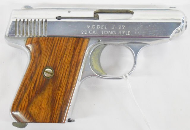 *JENNINGS MODEL J-22 SEMI-AUTOMATIC PISTOL: S/N: 290367, .22 long rifle caliber, 2 1/2" barrel, nickel finish with brown grips, 2 clips with soft black clip on holster (Waiting Period: 72 hours).