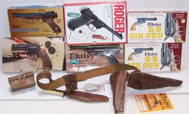 *6 AIR PISTOLS: Rogers, Daisy Powerline 1200, Crossman 57, Daisy model 188 with 2 leather holsters, leather knife sheath and unmarked bowie type knife, in boxes.