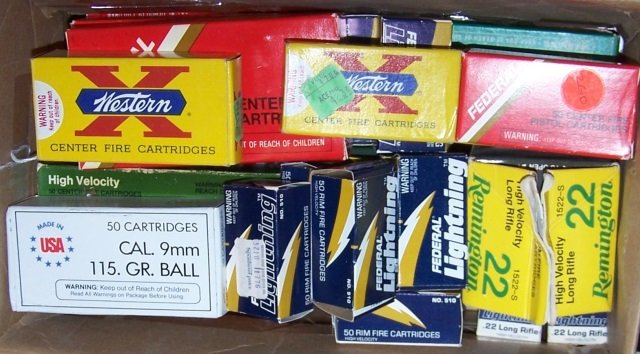 *25 BOXES OF ASSORTED CARTRIDGES: 6 boxes .25 auto, 2 partial boxes Western, complete box Federal, complete box Remington, complete boxes Blazer, 1 partial box Western .32 auto, 2 complete boxes Federal .380, 3 complete boxes 9mm Luge