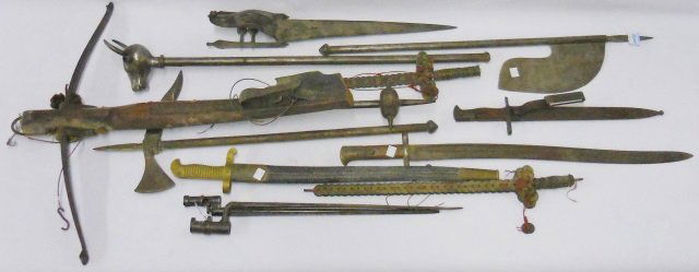 *GROUP OF OLDER MILITARY ITEMS: Battle ax, mace, crossbow, bayonets, coin sword and Indian katar.
