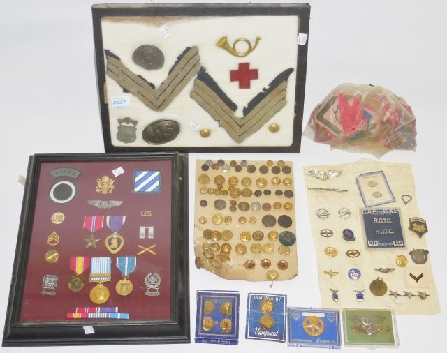 *GROUP OF MOSTLY U.S. MILITARY ITEMS: Civil War- belt buckle, cap insignia, sergeant's rank, sleeve ranks, etc.; Korean War- 17 medals (most U.S. Army), box of U.S. military buttons, insignias, shoulder patches, sleeve ranks.