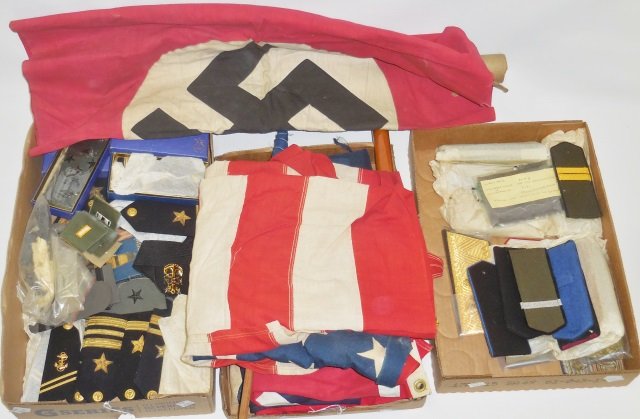 *GROUP: 6 small banners, new Confederate flag, 48 star U.S. flag, large Japanese flag.