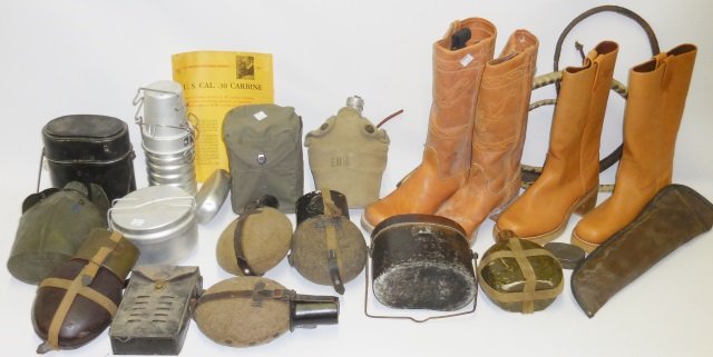 *GROUP OF MILITARY ITEMS: 3 U.S., Japanese and Czechoslovakian mess kits and 8 canteens (most with covers), 2 pair brown leather boots, size 7 and 8 1/2, Sony portable battery pack, set of nunchucks with case, set of brass knu