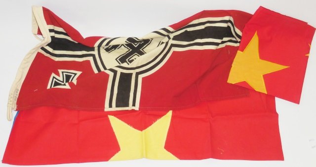 *GROUP OF GERMAN AND RUSSIAN FLAGS: German naval, flag approximately 60" x 90", Russian flag with star, smaller red and blue with yellow star.