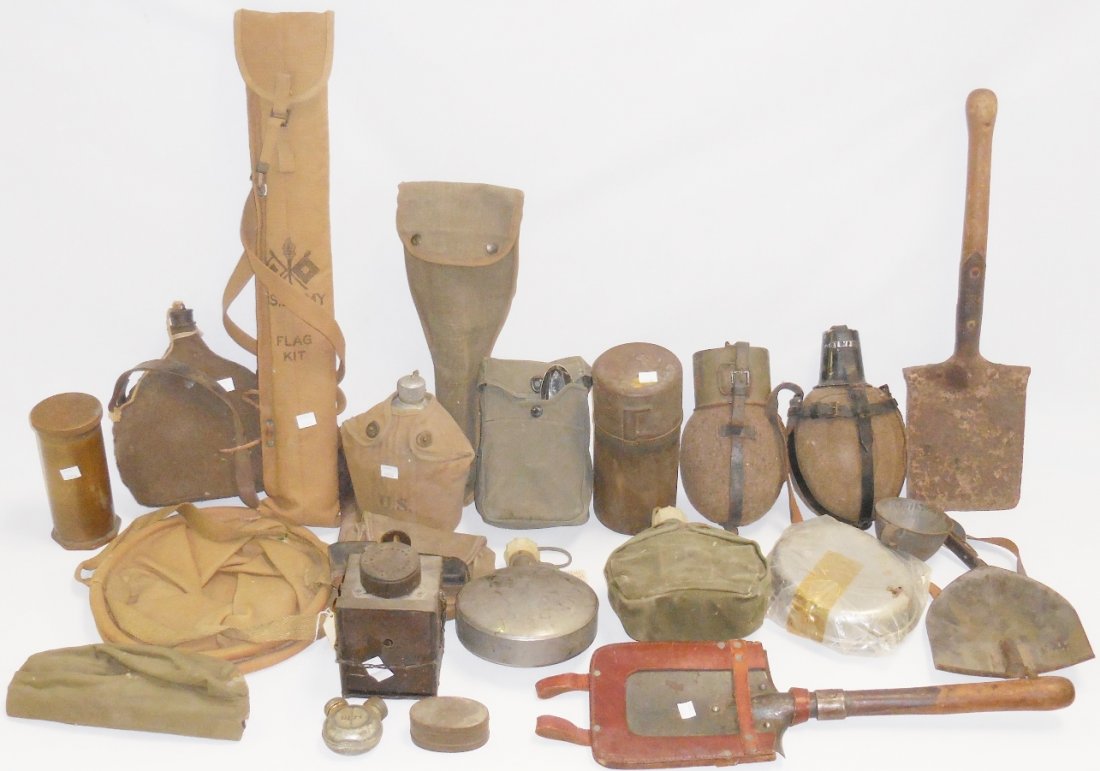 *GROUP OF MILITARY ITEMS: U.S., Russian, German, French and Japanese; 2 German entrenching shovels (1 with leather carrying case), French entrenching tool with canvas case, U.S. Army flag kit, field heating unit, U.S. canvas b