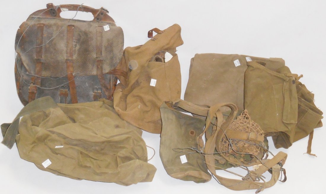 *GROUP OF MILITARY ITEMS: U.S., Japanese; black leather case with mess kit, cloth field bag, 2 duffel bags, backpack with flask, baseball hat and canvas straps.