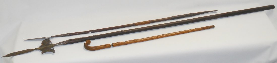 *3 PIECES: Staff with 60" shaft with spear point and small spade on other end, staff with 80" shaft with combination spear and blades and 37" wood cane with steel sword.