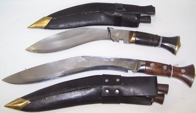 *2 NEPALESE KUKRI KNIVES: 1 with steel blade inscribed "Bhojpur 1992" (town in Nepal), having carved horn handle with brass mounts, leather scabbard with brass mount and 2 small knives, approximate length 17", and 1 with steel