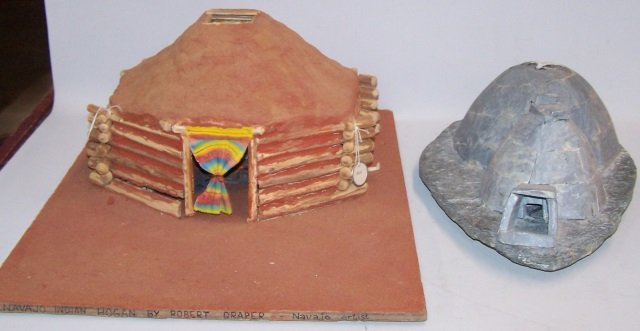 *2 PIECES: Navajo hogan, signed "Navajo Indian Hogan" by Robert Draper, Navajo artist and an Eskimo carved stone snow house.