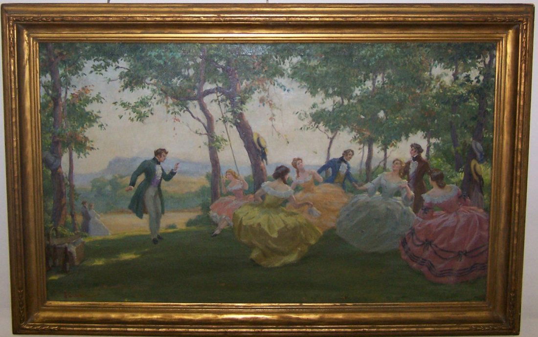 *CAMERON, EDGAR: (1862-1944 American) Old fashioned revelry, oil on canvas housed in Newcomb Macklin frame, signed lower left, approximate image size 24" x 40", frame 30" x 46".